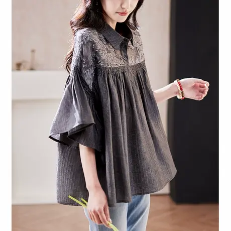 宝诗黎喇叭袖提花拼接衬衫女2025春季时尚百搭洋气宽松大码衬衣商品大图