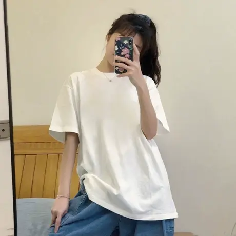 纯色纯棉短袖t恤女2025年新款港风chic宽松显瘦白色半袖上衣ins潮商品大图