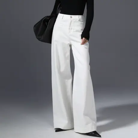 2025春秋白色阔腿牛仔裤女高腰显瘦微喇直筒大脚裤宽松垂感拖地裤商品大图