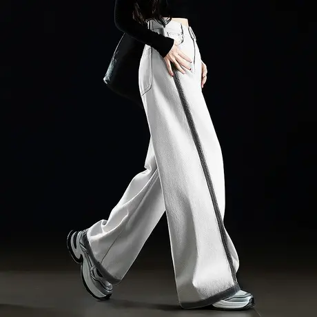 灰白色阔腿牛仔裤女2025新款春季新款侧条纹撞色直筒裤显瘦拖地裤商品大图
