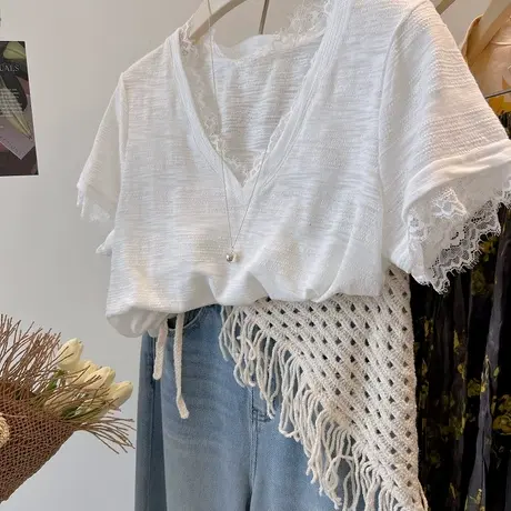 韩国one 自留2件 太好穿 巨显瘦V领蕾丝花边竹节棉短袖T恤女tee商品大图