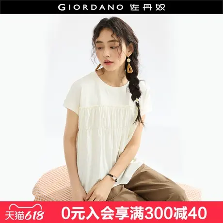 设计师款佐丹奴短袖T恤女拼接花边减龄宽松圆领连袖上衣18325607图片