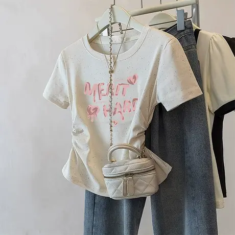 潮流小众短款收腰t恤女2025新款褶皱修身彩虹波点短袖小个子上衣图片