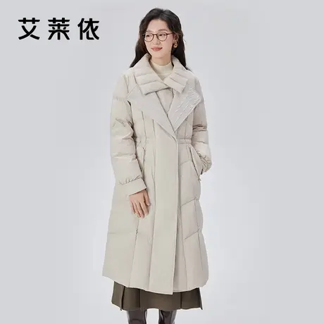 艾莱依收腰羽绒服女2023新款假两件式长款设计感双层领鸭绒外套冬商品大图