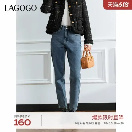LAGOGO松紧高腰牛仔裤女拉谷谷2024年冬季新款弹力显瘦百搭直筒裤商品大图
