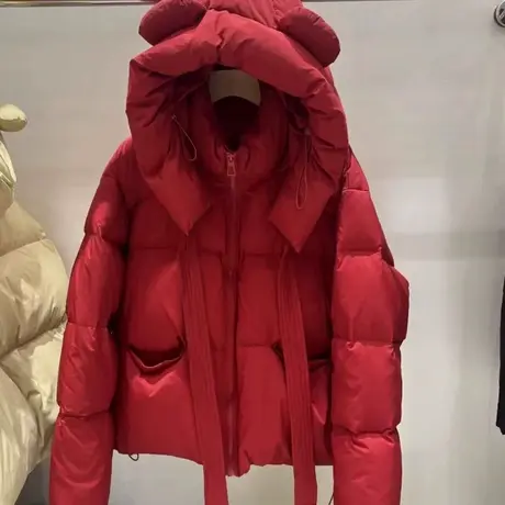 韩版小熊耳朵短款羽绒服女冬季2025新款新年红色超好看保暖面包服图片