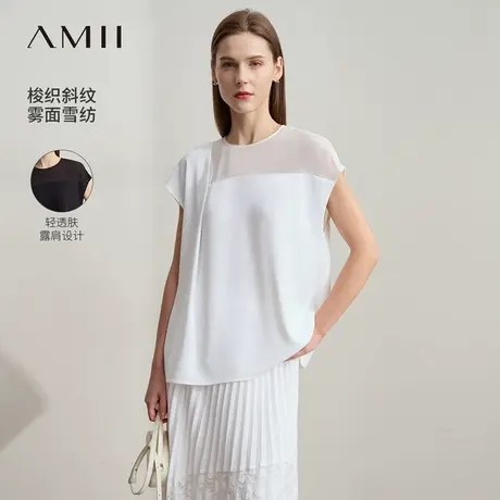 Amii2025夏新款极简通勤风圆领套头连肩短袖微透露肩宽松雪纺衫女商品大图