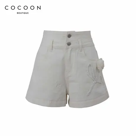 COCOON商场同款A字短裤24夏新女手工钉珠花朵装饰高腰百搭牛仔裤商品大图