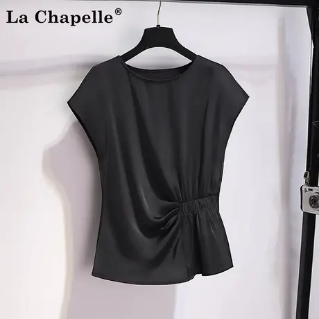 拉夏贝尔黑色上衣女夏2025新款轻奢高级感欧货短款不规则缎面小衫商品大图