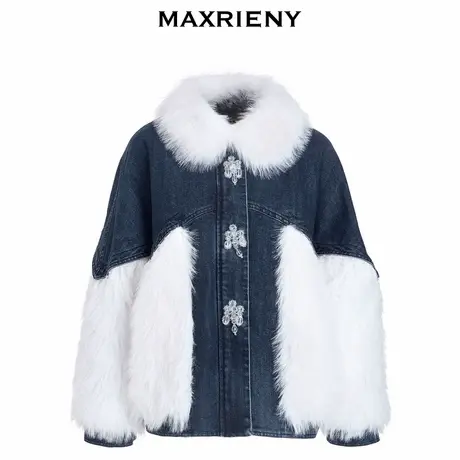 【奥莱】MAXRIENY牛仔毛感拼接加厚羽绒服外套女图片