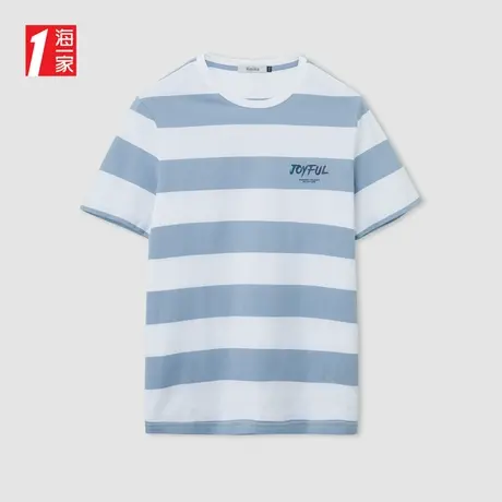 海一家舒适全棉短T2024年夏季新款简约条纹经典圆领男士短袖T恤商品大图