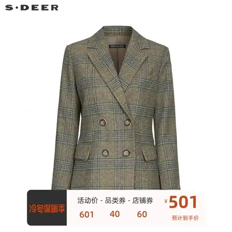 sdeer圣迪奥女装复古格纹双排扣毛呢西装外套S23362202图片