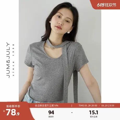 嘉茱莉莱赛尔天丝系带斜领短袖T恤女不规则设计感打底衫修身显瘦图片