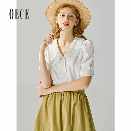 Oece夏装新款女装 纯白光晕法式甜蜜优雅蕾丝翻领短袖雪纺衫图片