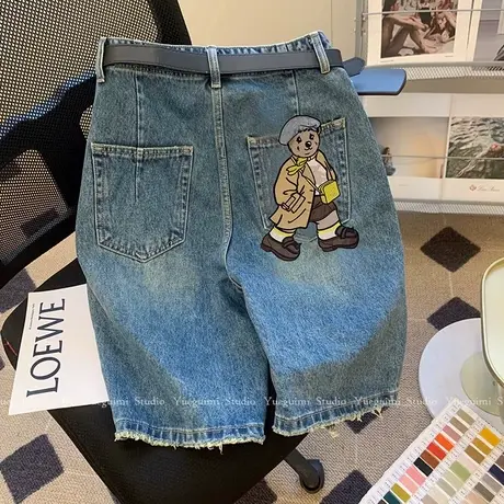 美式复古蓝色牛仔短裤女2024新款设计感小众显瘦直筒五分裤阔腿裤商品大图