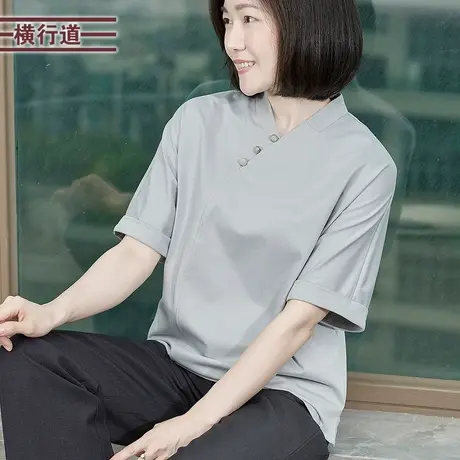 V领短袖T恤汉服时尚新中式T恤纯色简约上衣打底衫2025夏装新款女图片