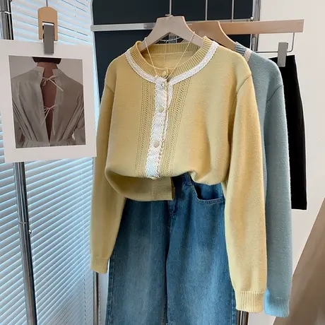 花边圆领毛衣外套女2025春秋新款宽松慵懒风外穿上衣洋气针织开衫商品大图