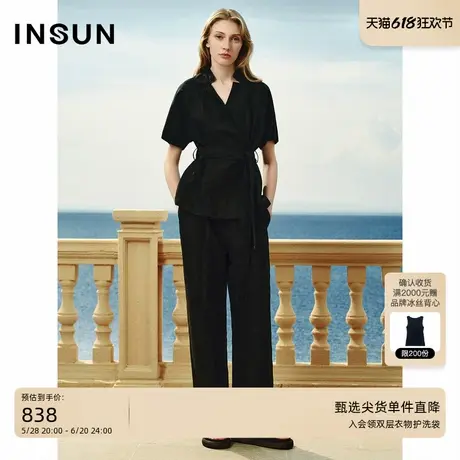 INSUN恩裳夏装气质棉质黑色休闲直筒裤商品大图