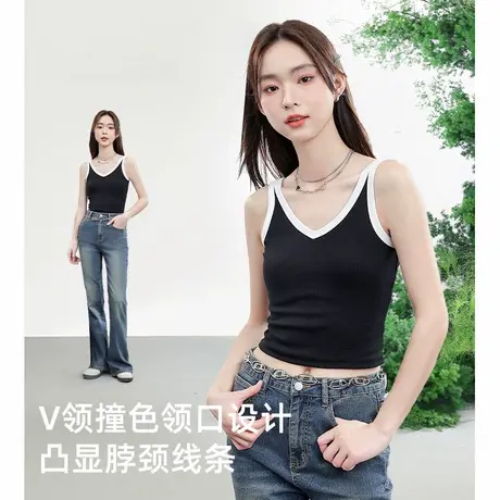 NOB真维斯撞色v领吊带背心女2025新款夏季防走光修身内搭无袖上衣商品大图