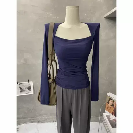 墙推qiao欲～早春性感露锁骨上衣低胸方领t恤打底衫薄款上衣新款图片