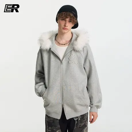 ER毛领珍珠开衫卫衣秋季新款港风chic复古情侣宽松潮牌连帽外套图片