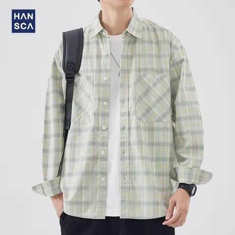 hansca复古格子衬衫男长袖春季新款潮牌痞帅宽松高级感衬衣外套男商品大图