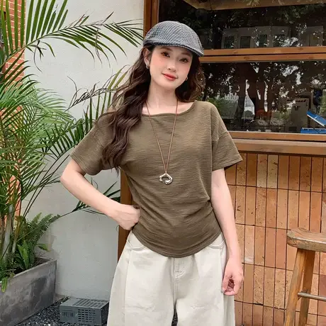 尔给t恤甜妹风收腰短袖T恤女时尚设计感一字领落肩上衣图片