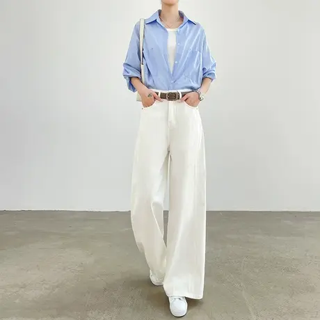 白色牛仔弯刀裤女夏季薄款2025高腰宽松垂感镰刀裤直筒拖地阔腿裤商品大图