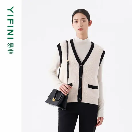 [专柜同款]Yifini/易菲小香风V领黑色撞边宽松短款针织马夹马甲女商品大图