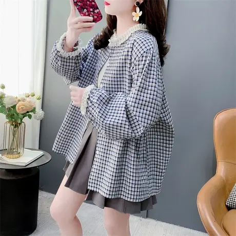 法式甜美蕾丝花边格子长袖衬衫女春季2025新款宽松复古设计感上衣图片