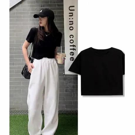 纯色小个子短款短袖t恤女2025夏季新款黑色修身显瘦半袖上衣ins潮商品大图