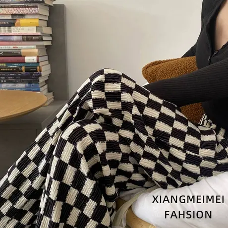 棋盘格纹阔腿裤女高腰春秋新款气质显瘦休闲裤时尚直筒拖地长裤子商品大图