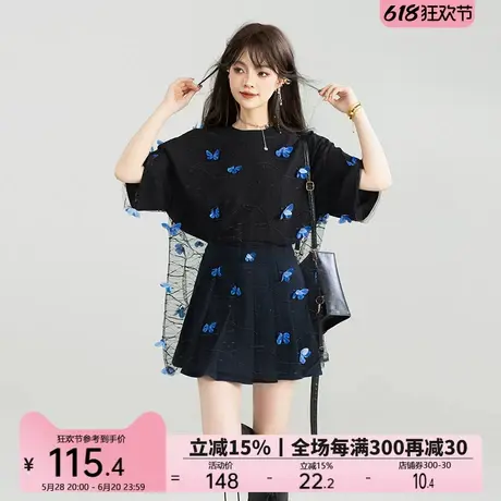 KEIKO 仙灵蝴蝶花薄纱拼接T恤女25酷感慵懒宽松显瘦黑色短袖上衣图片