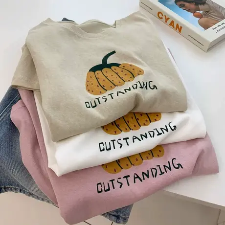 ins减龄趣味南瓜印花短袖T恤夏季薄雪花棉圆领宽松简约套头上衣商品大图