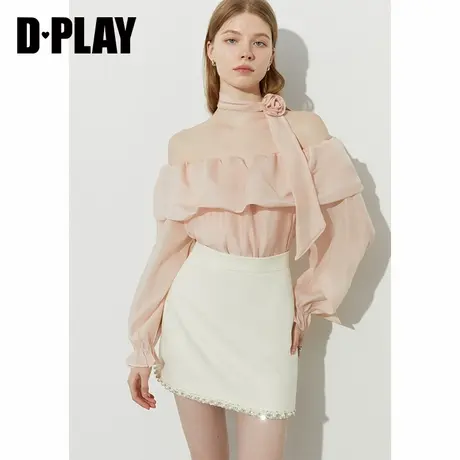 DPLAY2025年夏季新款粉色衬衫女荷叶边露肩一字肩上衣长袖衬衣商品大图