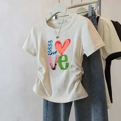 2025新款潮流短款收腰t恤女修身褶皱彩虹波点短袖减龄小个子上衣图片