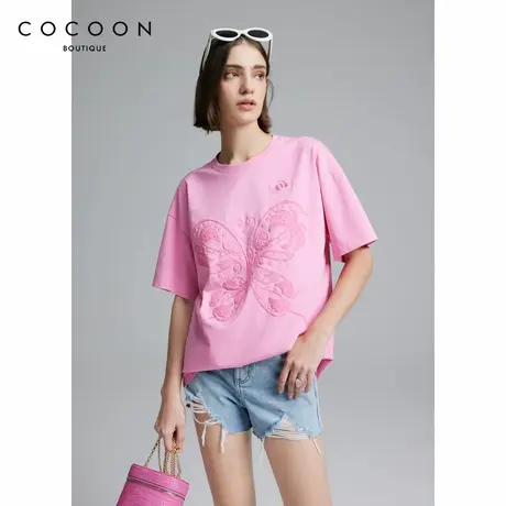 COCOON商场同款度假风上衣24夏新女蝴蝶图案局部镂空大廓形T恤图片