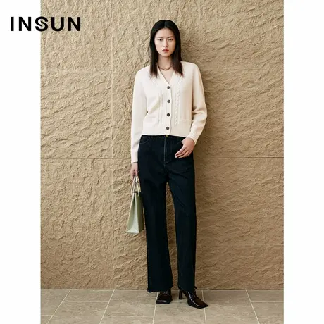 「美丽诺」INSUN恩裳专选2025春季V领绞花短款羊毛开衫商品大图