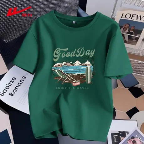 回力墨绿色正肩短袖t恤女夏2025新款设计感小众纯棉女士半袖上衣商品大图