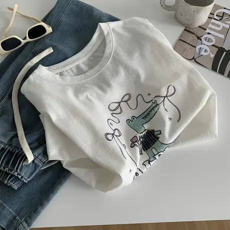 轻薄透气仿麻手感短袖女减龄韩版卡通鳄鱼T恤宽松休闲圆领上衣夏商品大图