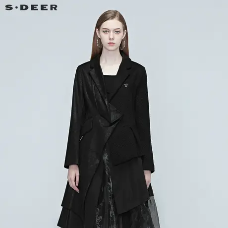sdeer圣迪奥春秋女装不规则拼接休闲黑色短款西装外套S20382201图片