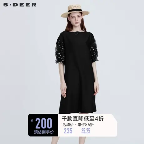 sdeer圣迪奥女装圆领肌理亮片网纱减龄高级感黑色连衣裙S222Z1299图片
