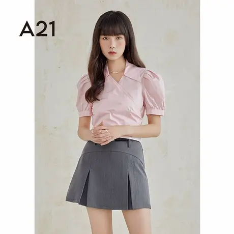 A21女装全开襟短袖衬衫休闲设计感衬衣简约气质时尚修身小个子商品大图