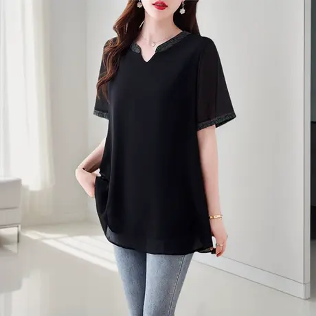 雪纺衫女夏季新款大码短袖t恤女中长款上衣女遮屁股洋气妈妈小衫商品大图