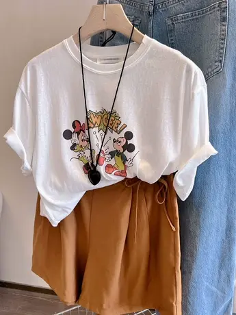 爆米花卡通！凉爽舒适雪花棉卡通印花圆领宽松短袖T恤女夏季上衣商品大图