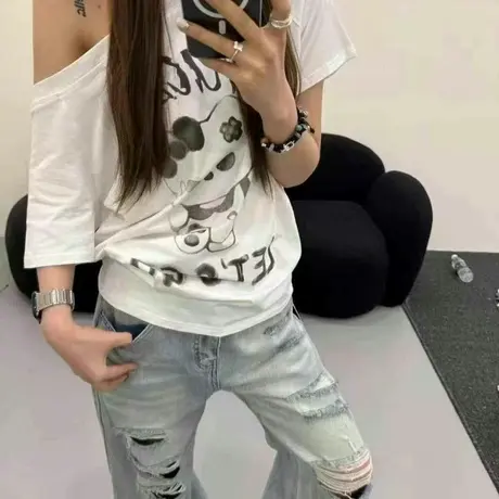 韩版2025夏季新款卡通印花斜领露肩短袖宽松休闲百搭上衣T恤女潮图片