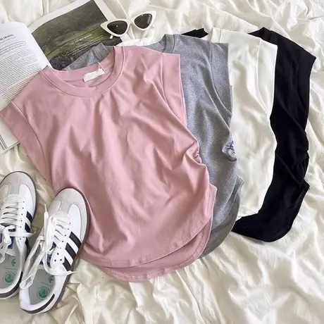 小众别致设计感飞飞袖T恤女夏季韩版修身显瘦褶皱收腰短袖上衣服商品大图