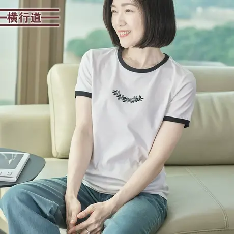 圆领绣花撞色拼接短袖T恤打底衫半袖2025夏装新款上衣白色体恤女图片