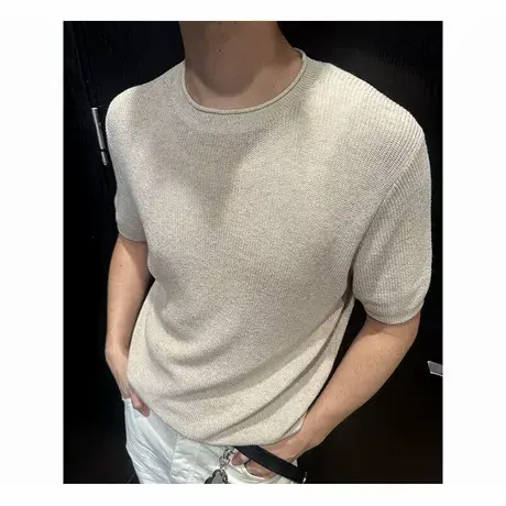 2025新款夏季潮牌针织老钱风短袖纯色时尚休闲宽松半袖T恤上衣男商品大图