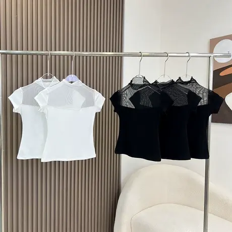 超A纸片人 黑色网纱微透蕾丝拼接显瘦短袖T恤女夏季图片